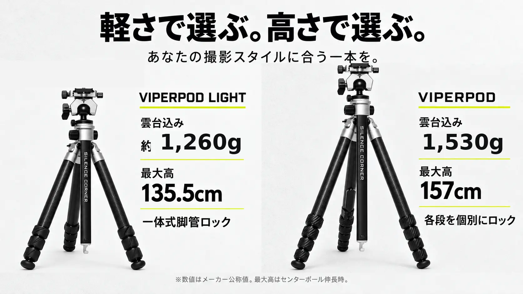左のVIPERPOD LIGHTは約1,260g、最大高135.5cm。右のVIPERPODは約1,530g、最大高157cm。